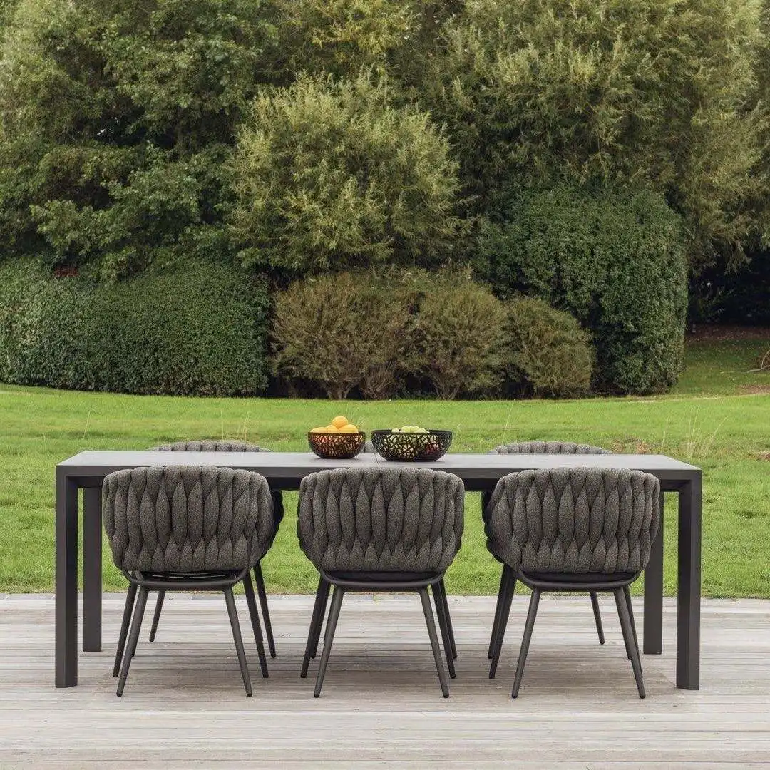 

Patio Garden Outdoor Rope Weaving Table Chairs, Waterproof All-Weather Furniture, Aluminum Alloy Long Table for Hotel Villa