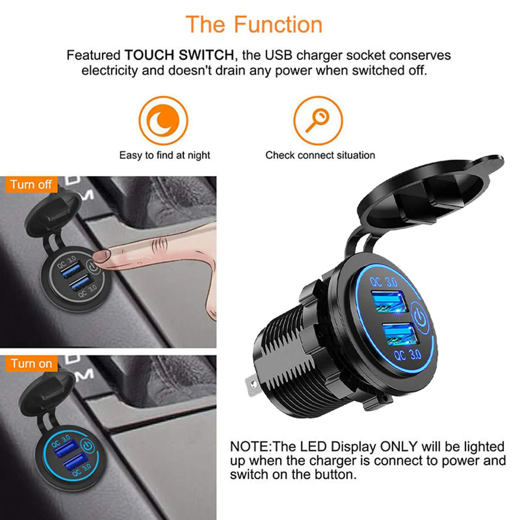 

A64P-QC3.0 Quick Charge Socket Car Dual USB 12V-24V-Cigarette-Lighter With Swith Touch Switch For Phone Ipad Charge