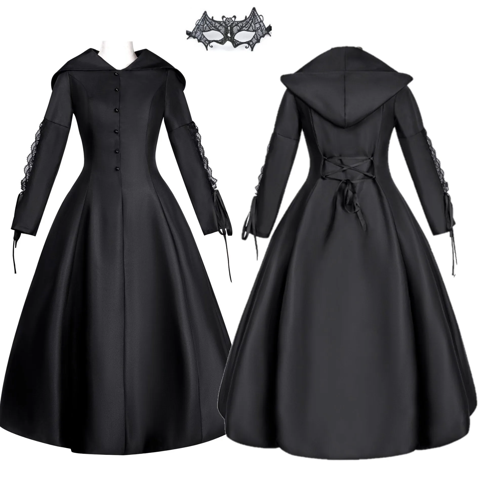 

Medieval Vampire Black Lace Up Gown Robe For Women Sexy Witch Ghost Halloween Costume Morticia Addam Medieval Renaissance Dress