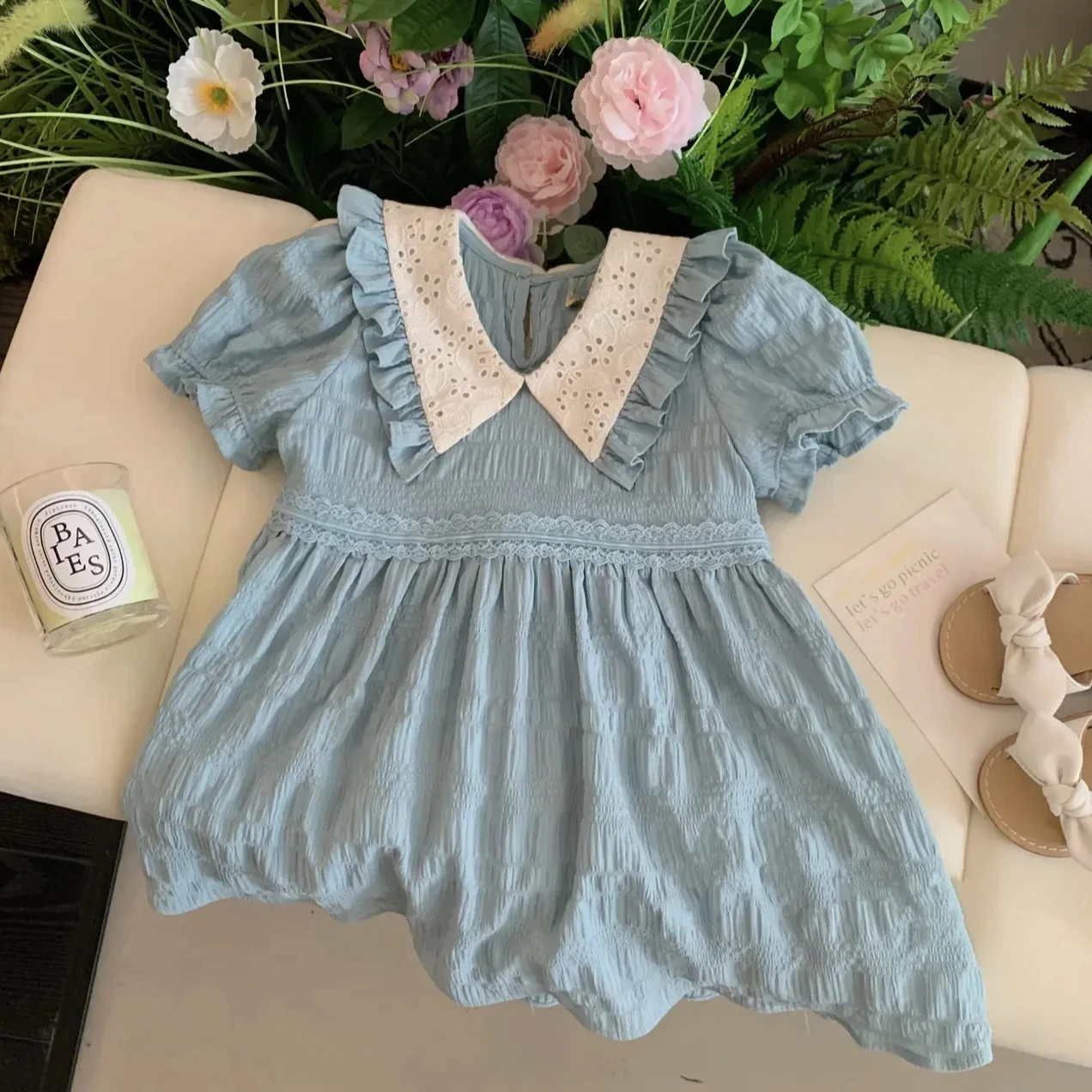 Parent-child Matching Clohes Mom and Daughter Elegant Blue Dresses Mother and Baby Girls Equal Delicate Short Sleeve Outfit 2024