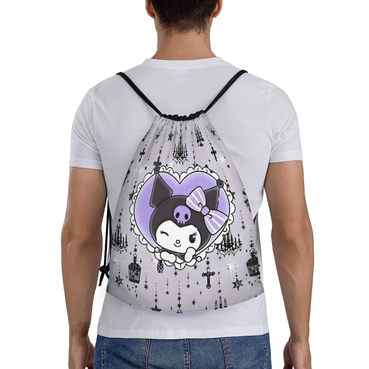 커스텀 만화 산리오 쿠로미 애니메이션 드로스트링 백 남녀 공용 경량 카와이 해골 스포츠 짐 수납 백팩