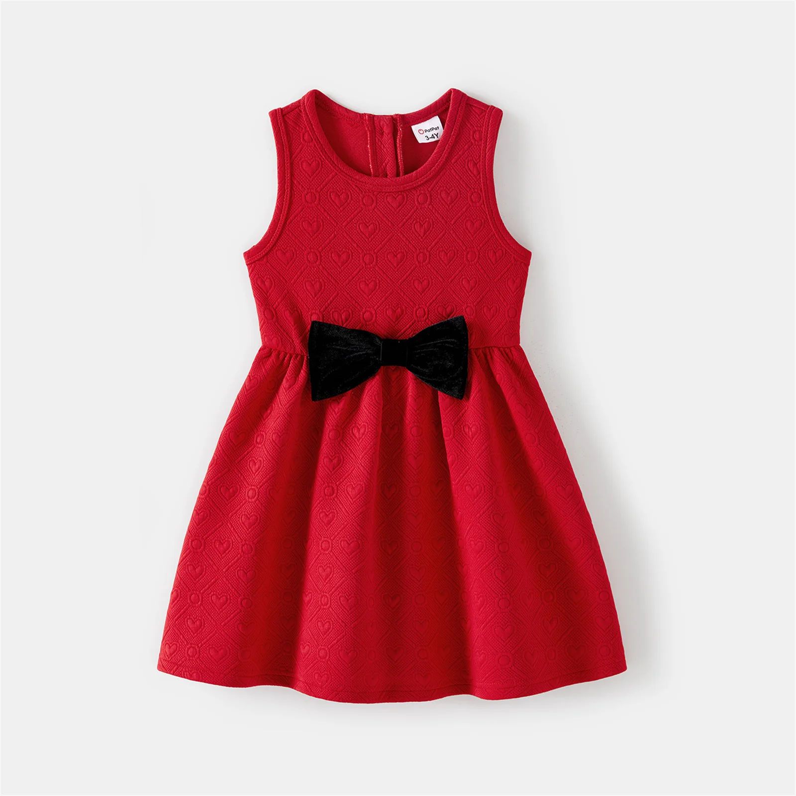 PatPat Valentine\'s Day Family Matching Outfits Bow Front Red Heart Textured Tank Dresses and Long-sleeve Corduroy Shirts Sets