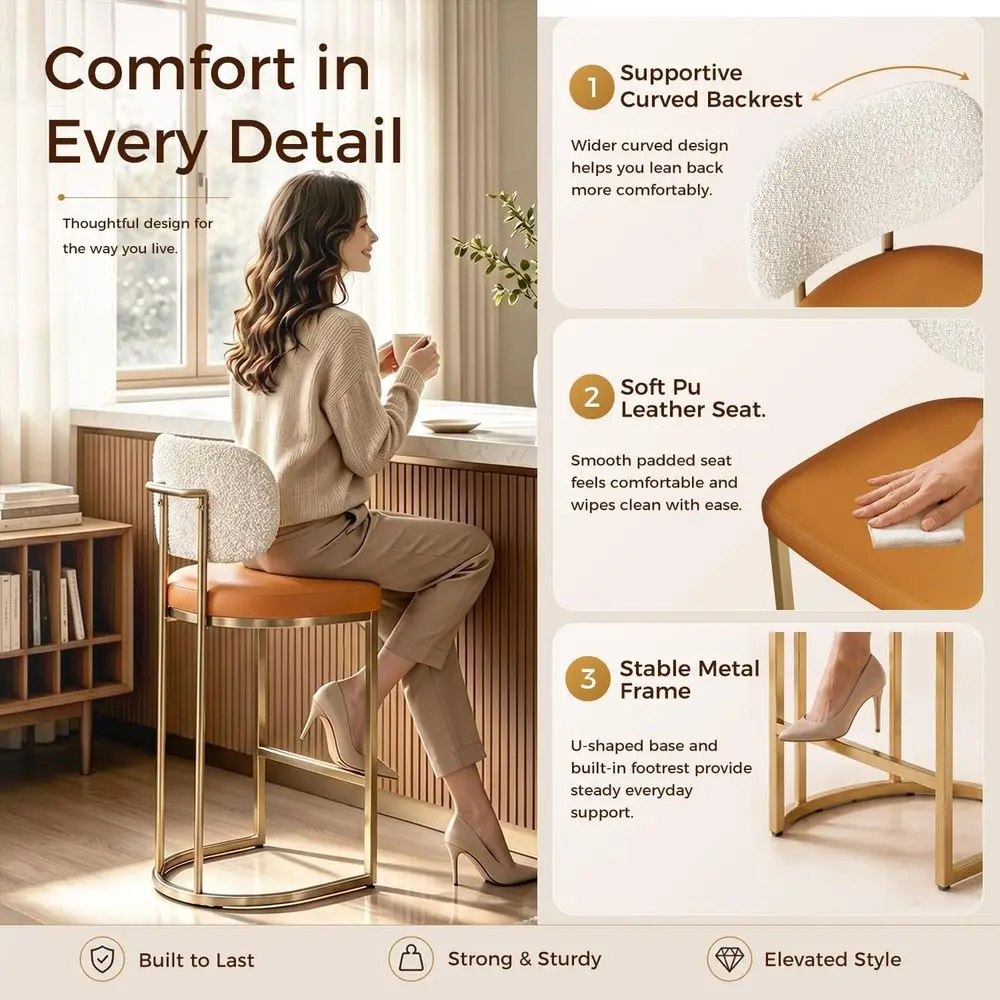 Set of 3 Brown Counter Height Bar Stools, 24.8 Seat with Bouclé Back and Gold Legs - view 3