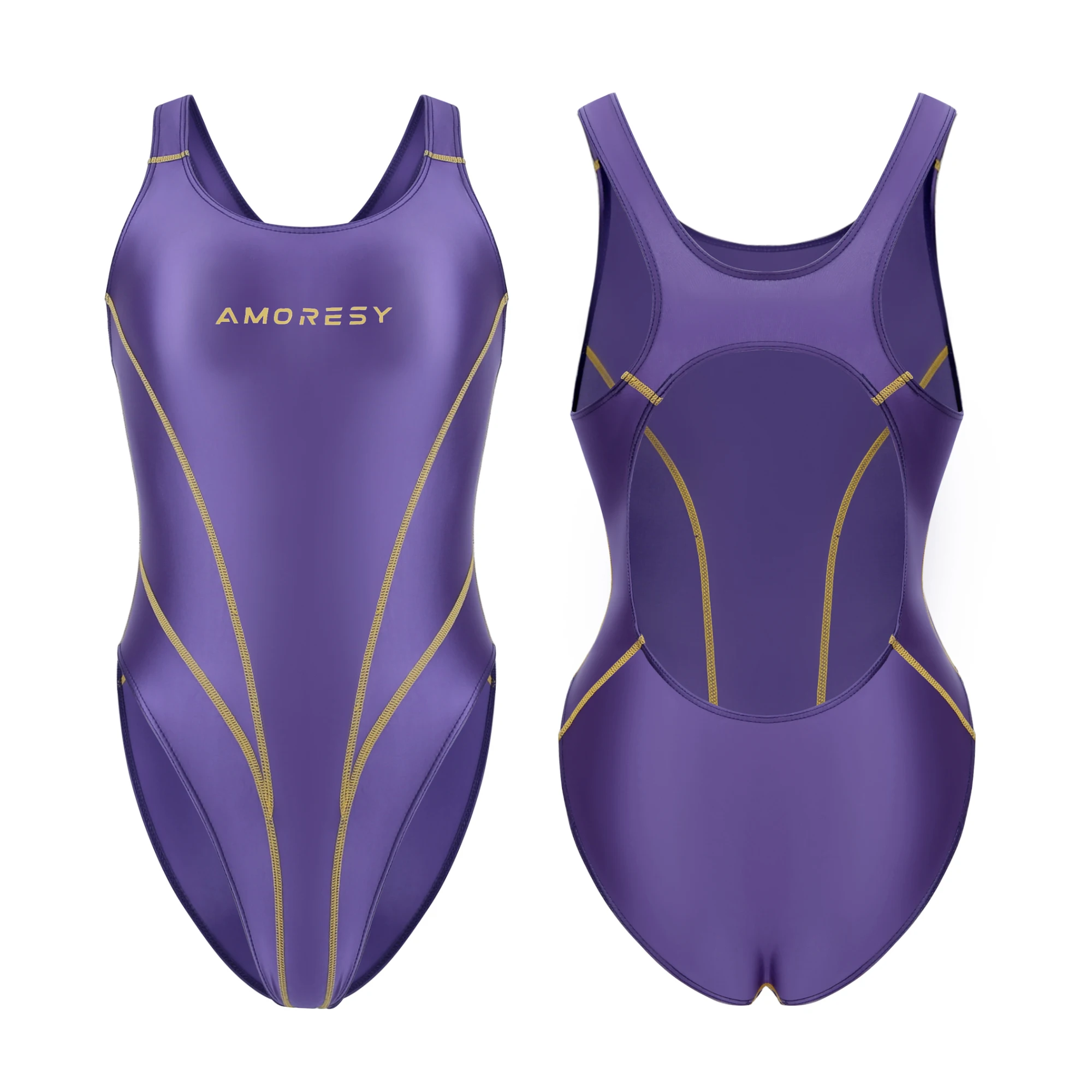 AMORESY Shiny Glossy One-Piece Swimsuit High Quality Hot Spring Resort Bath Beach Wear Slimming Competitive Swimwear