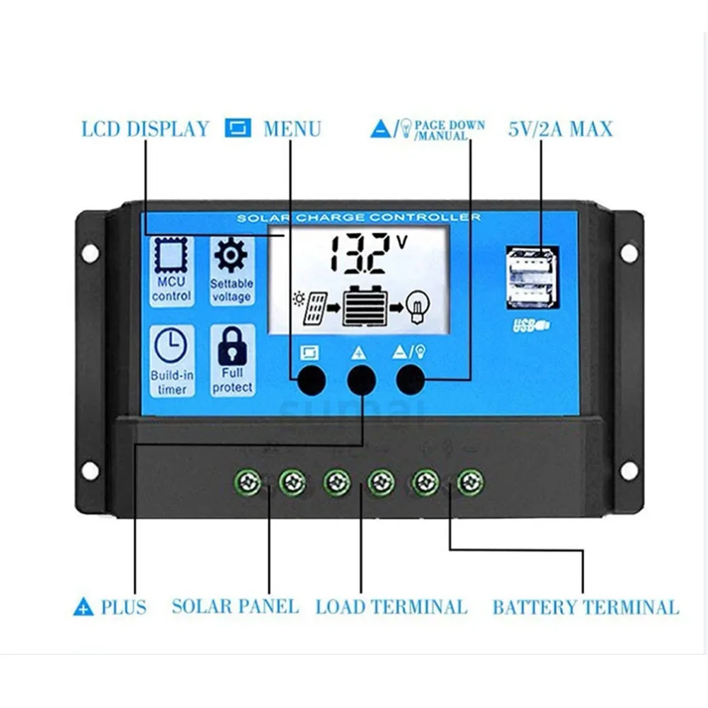 Small PWM Solar Charge Controller 12V 24V Auto LCD Dualusb 5V Output Solar Panel Regulator Battery Charger Controller