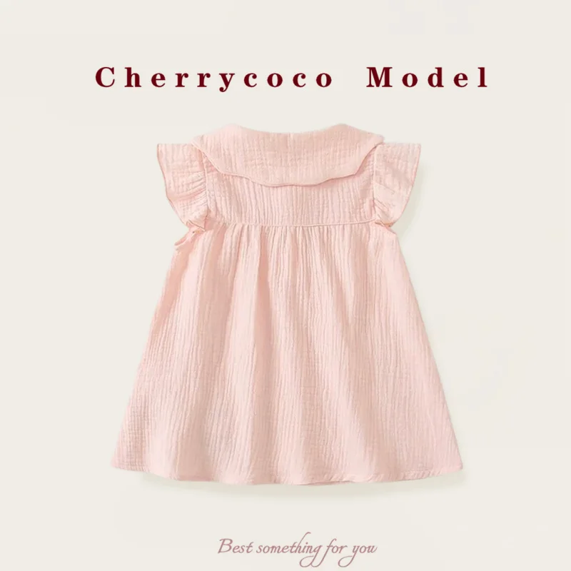 CHERRYCOCOGirls' Summer Dress New Style Baby Girl Strawberry Embroidery Flutter Sleeve Soft Princess Dress