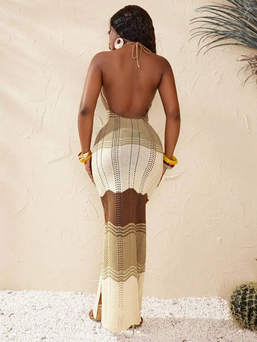 

Womens Contrast Color Halter Knit Hollow Out Maxi Dress