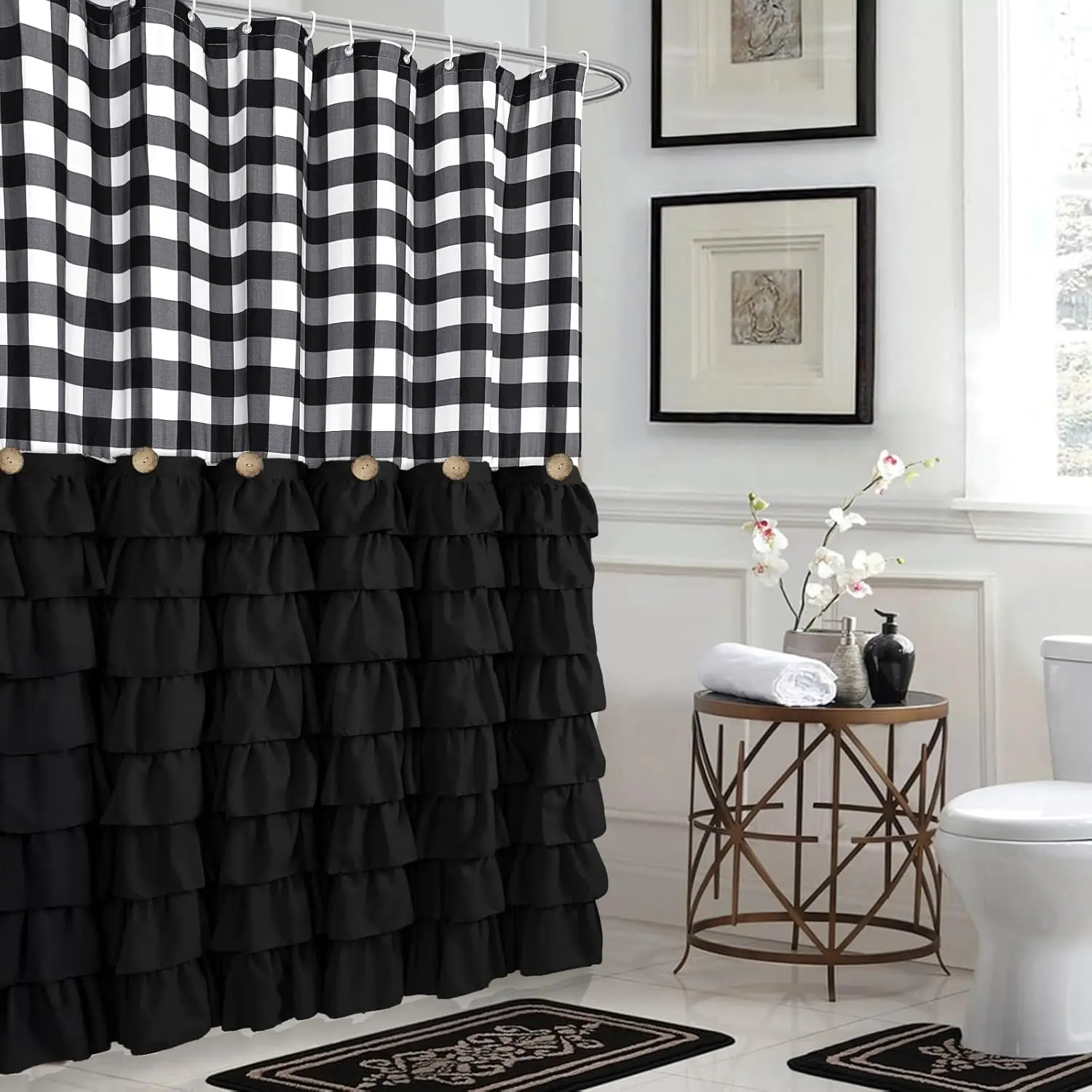 

Black Farmhouse Shower Curtain Set with 12 Hooks 72 X 72inch Black and White Buffalo Plaid Pattern Fabric Shower Curtain
