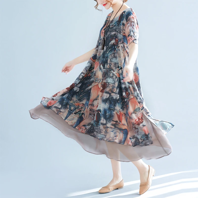 

plus Size Floral Print Chiffon Dr Mid-Length A-Line Skirt Slimming Summer Faionable Maxi Dr Cover Belly Casual Commut...