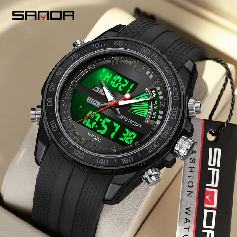 Sanda 2024 3307 Electronic Watch Hot selling Youth Men\'s Watch Trendy Cool Steel Band Alarm Clock Waterproof Watch