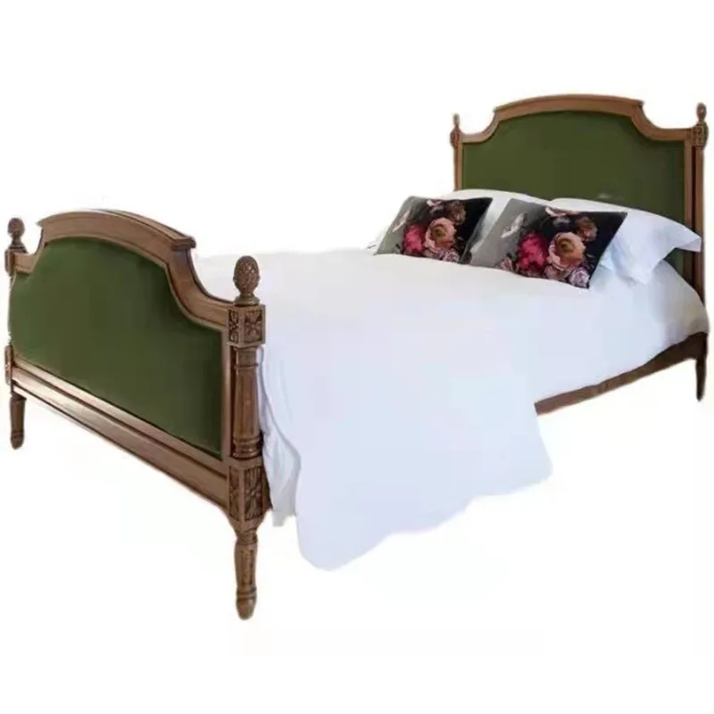 

American engraved retro old classical solid wood soft bag white green fabric double bed