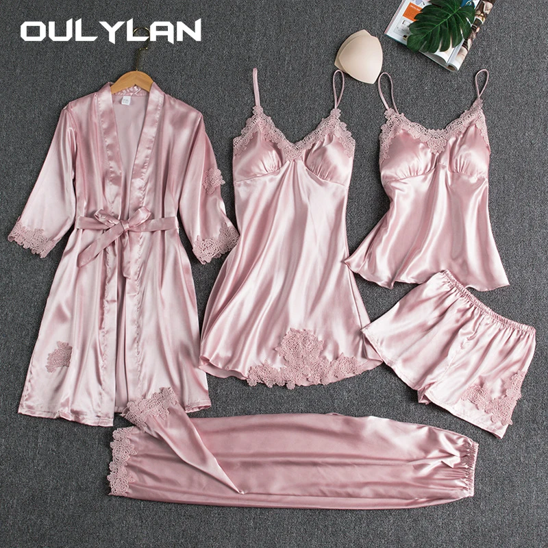 5 Pieces Pajamas Set Satin Home Pyjama Women Nightdress Lace Robe Sleep Suit Cami Vest Cardigan Trouser Gown Lingerie Sleepwear