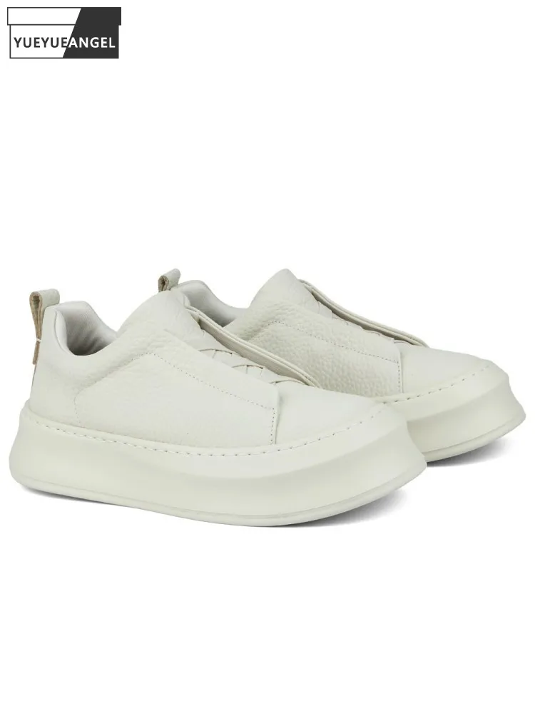 

New Men Slip On Genuine Leather Cowhide Thick Platform Round Toe Hard Wearing Casual Shoes Male Comfortable Skateboard Footwear