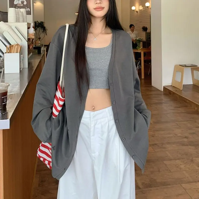 

Basic V-Neck Loose Sweatshirts Female Clothing Solid Color 2024 Spring Autumn Long Sleeve Korean Commute Single-breasted Hoodies