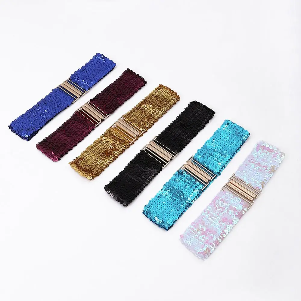 Sequin Elastic Glitter Belt Women\'s Corset Wide Waist Belt Metal Buckle Waistband Decorative Corset Strap Party Dress Accessorie