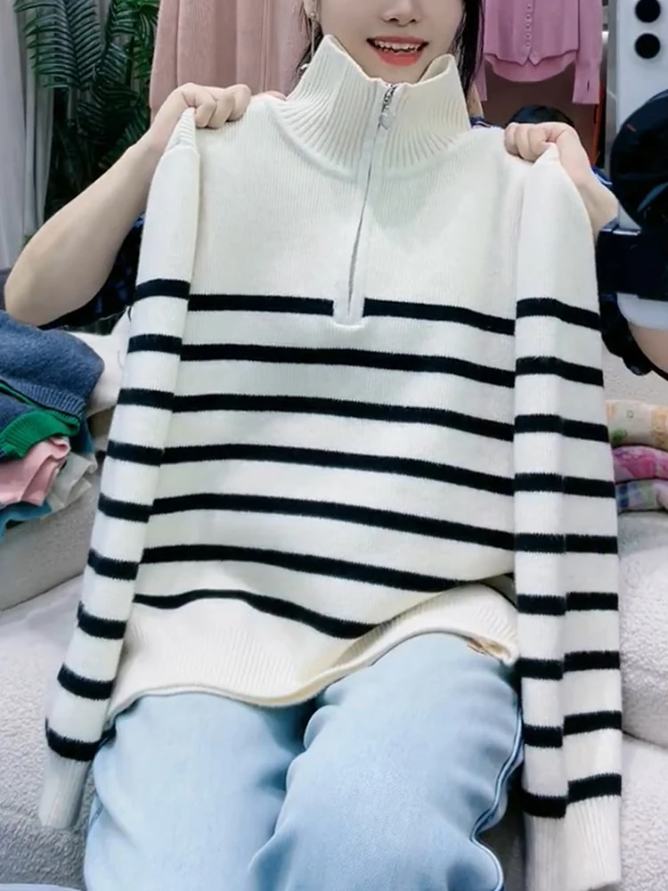 

Faionable Thiened Knitwear f Open Collar Striped Korean Sle Autumn Winter New Arrival Women's Camere Sweater Trendy