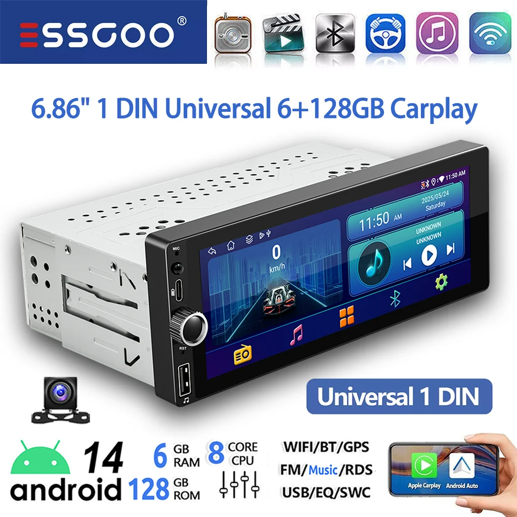 ESSGOO Enkele 1 DIN 6.86 "Android 14 6 + 128G Universele autoradio Radio CarPlay Android Auto BT USB Type-C 4G Wifi AM FM GPS Navi