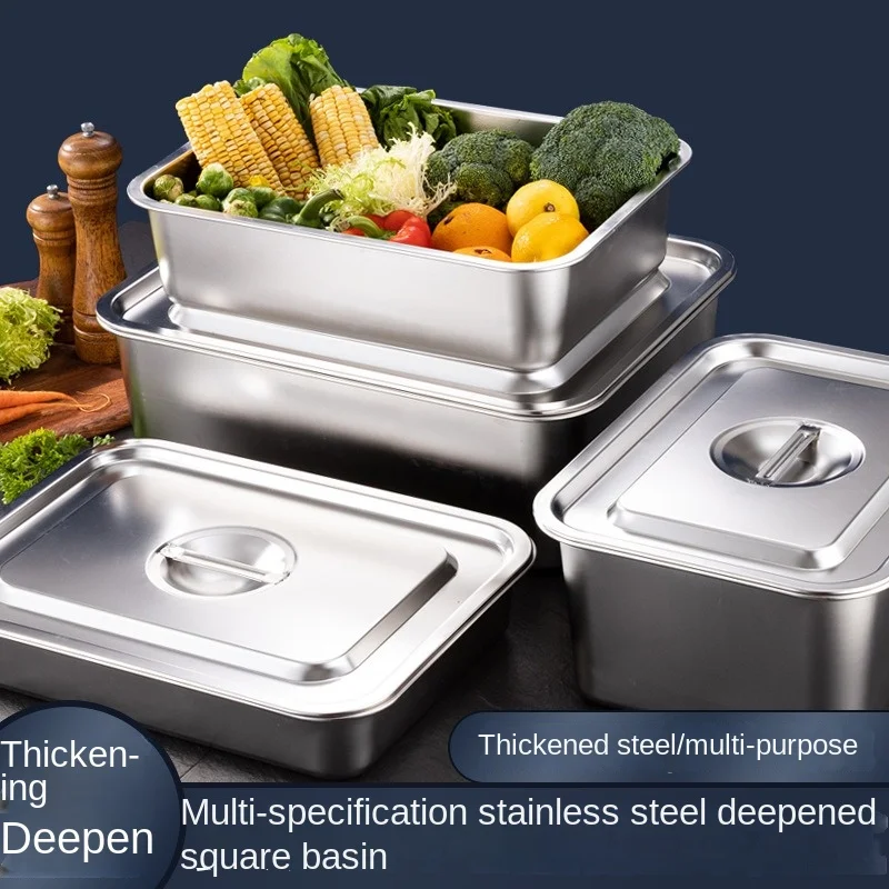 Stainless Steel Rectangle Storage Tray Deepened Serving Dishes Buffet Fruits Plates Square Freezer Basin Kitchen Accessories