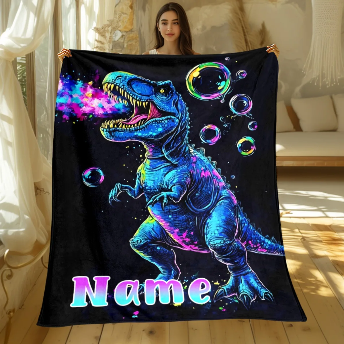 بطانية فقاعات ديناصور ذات اسم شخصي، ناعمة، مناسبة للأسرة والأرائك والسفر والتخييم وجميع المواسم والمهرجانات والهدايا المنزلية الجديدة #3