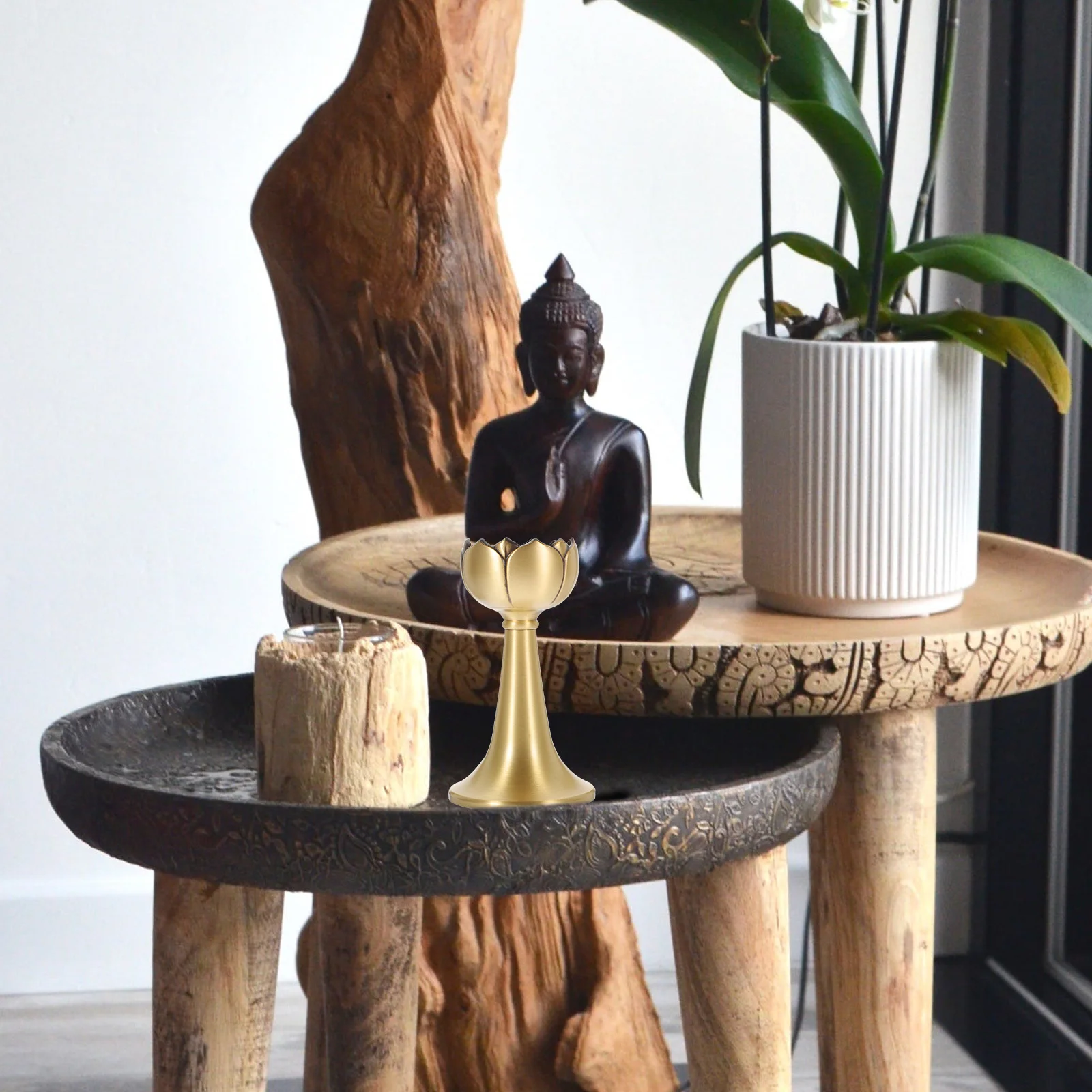 

Lotus Candlestick Golden Tea Light Holders Decorative Buddha Votive Stand Religious Base