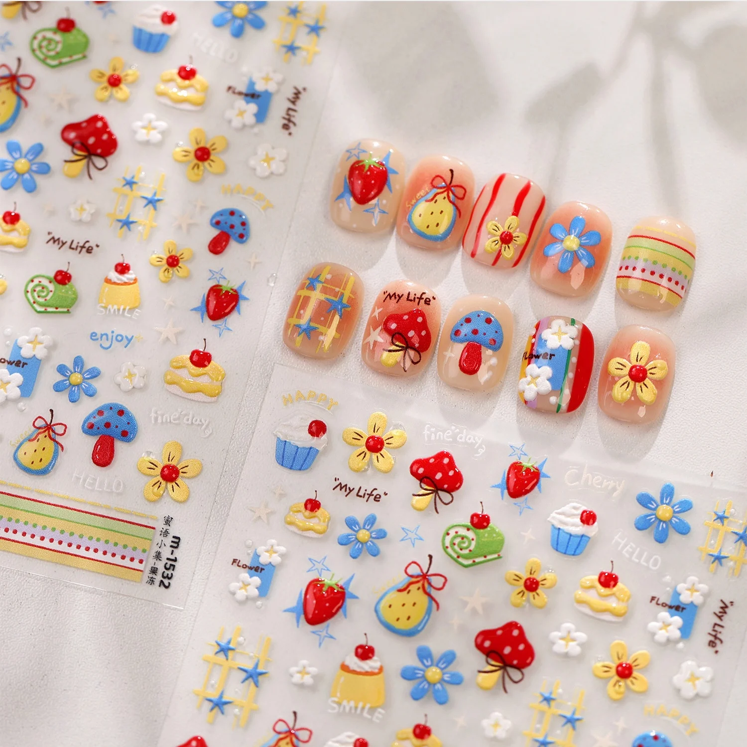 Sweet Cartoon 5D Nail Art Stickers Carousel Apple Plaid Heart Star Cherry Bowknot Self-Adhesive Nail Manicure Decor Accessories