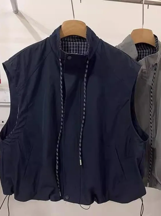 Stylish Drawstring Collar Sleeveless Vest Women's Early Autumn Loose Casual Layering Trendy Outerwear Fashionable Zipper Closure