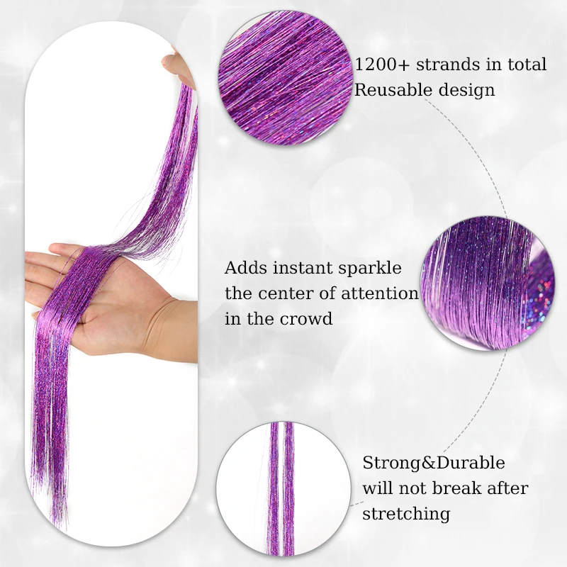 Kit de tinsel púrpura de 6 piezas de 24 pulgadas, extensión de cabello brillante, tinsel de colores para mujer, para fiesta de Navidad, cabello brillante 3