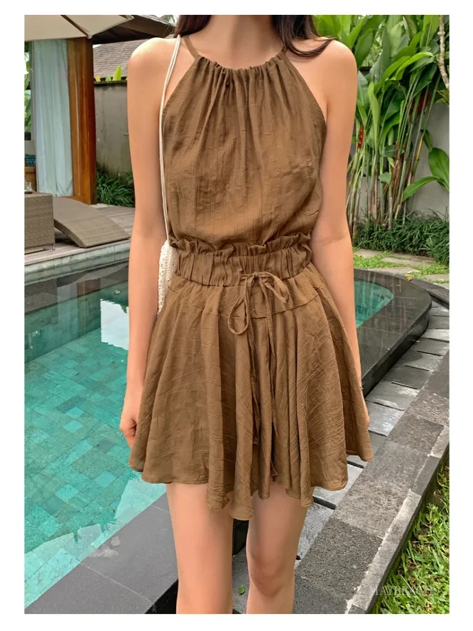 Haut court Sexy et polyvalent pour femmes, avec cordon de serrage, bourgeon de fleur, jupe taille haute, ensemble assorti