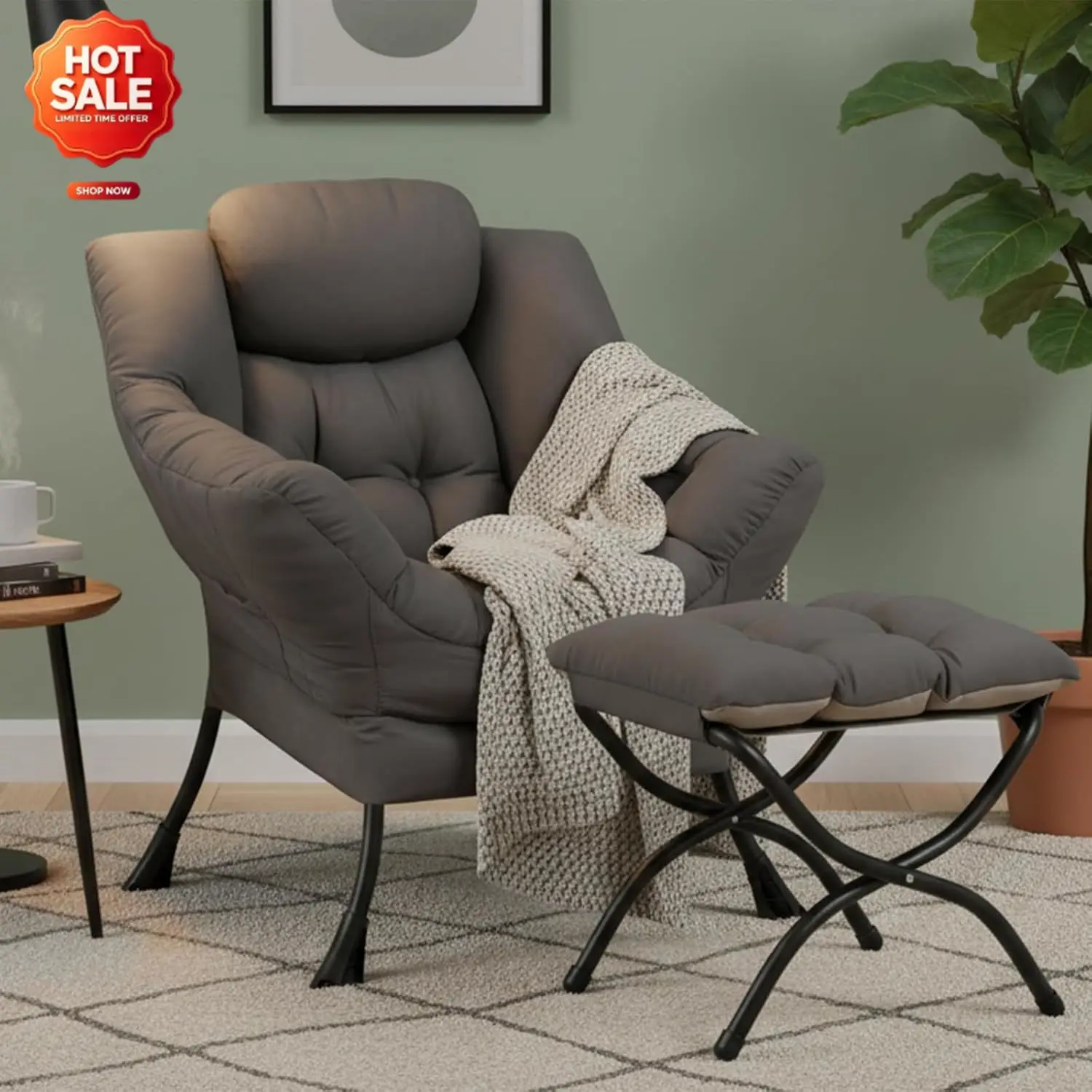 Modern Lazy Chair with Ottoman, Comfy Accent Reading Chair, Dark Grey | Removable & Machine-washable Cover,with Armrests & Side