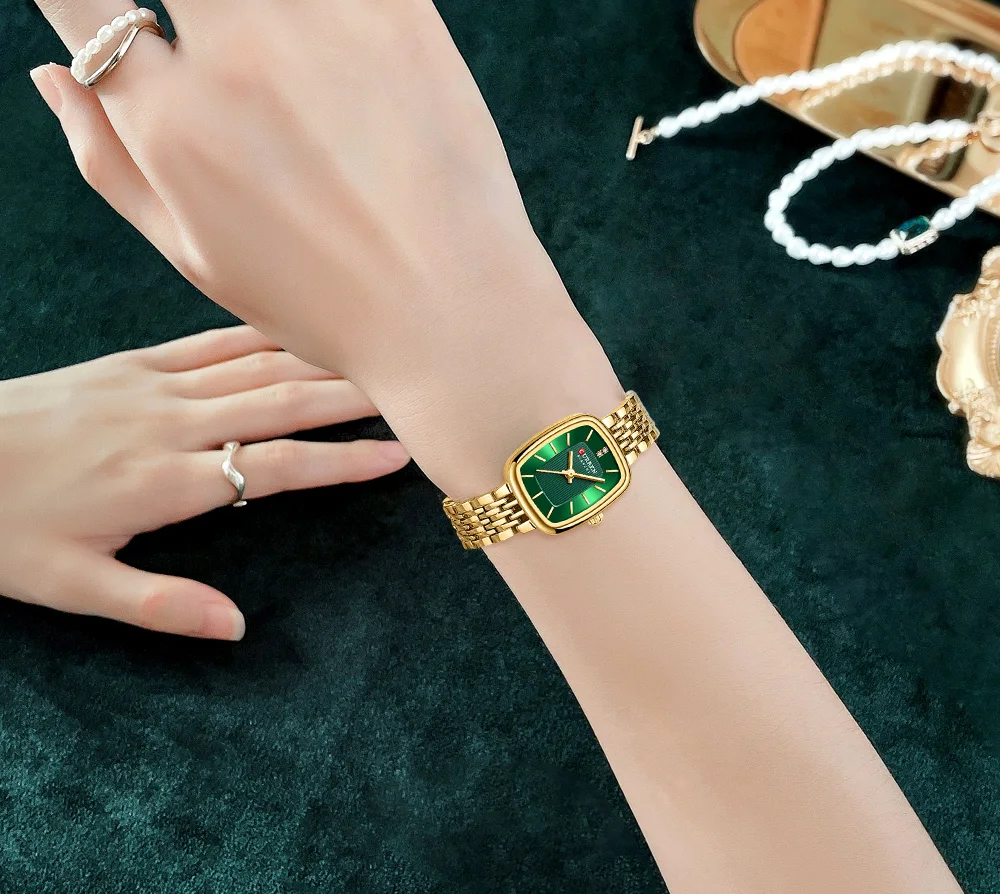 Curren 9093 Damen-Quarzuhr, wasserdicht, luxuriös, Party-Damenuhr, elegantes goldenes rechteckiges Zifferblatt, Quarzuhr, Armband, Geschenk – Detail 3