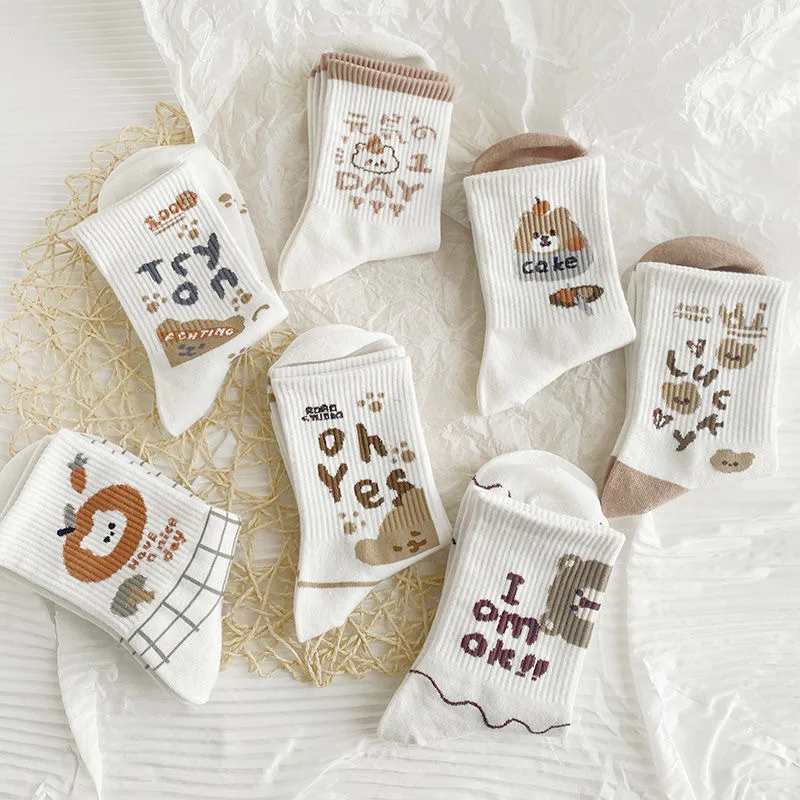 8/16 Pairs Women's Bear New Spring and Summer Ins Fashion Socks Mid-Tube All-match College Style Cute Japanese Socks