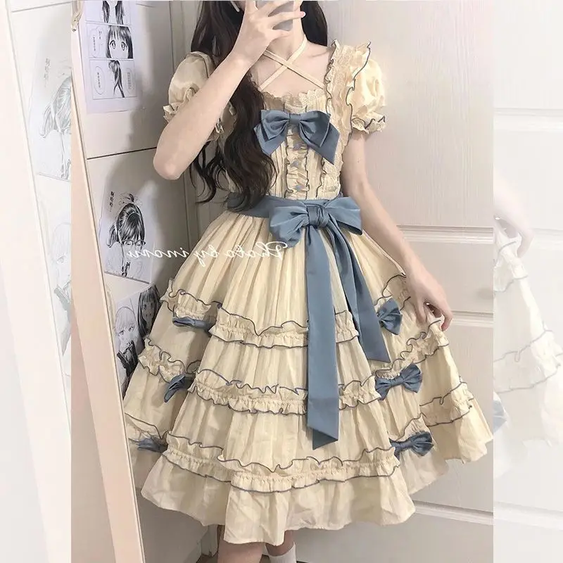 

Victorian Vintage Princess Lolita Dress Elegant Sweet Bowknot Party Panel Lace Binding Bow High Waist Dress