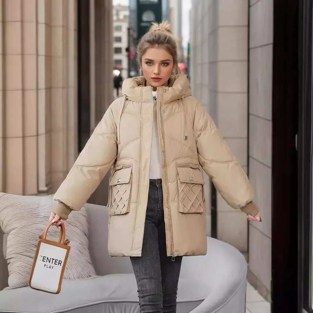 Dames winterjas dames pure kleur capuchon dikker warme katoenen jas dames 2-pocket casual parka's dameskleding nieuw