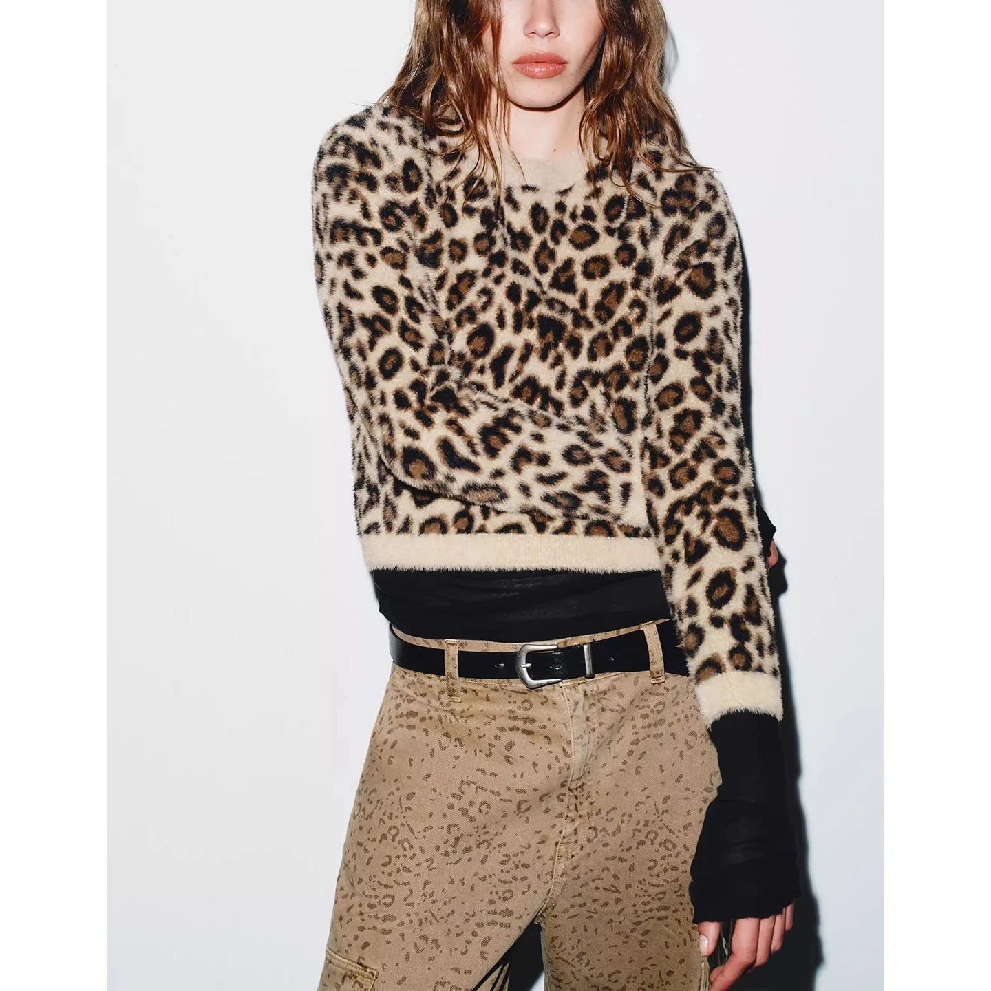 Maglione lavorato a maglia da donna invernale lungo Sve rotondo Ne stampa animalier effetto pelliccia artificiale poliestere casual top confortevole