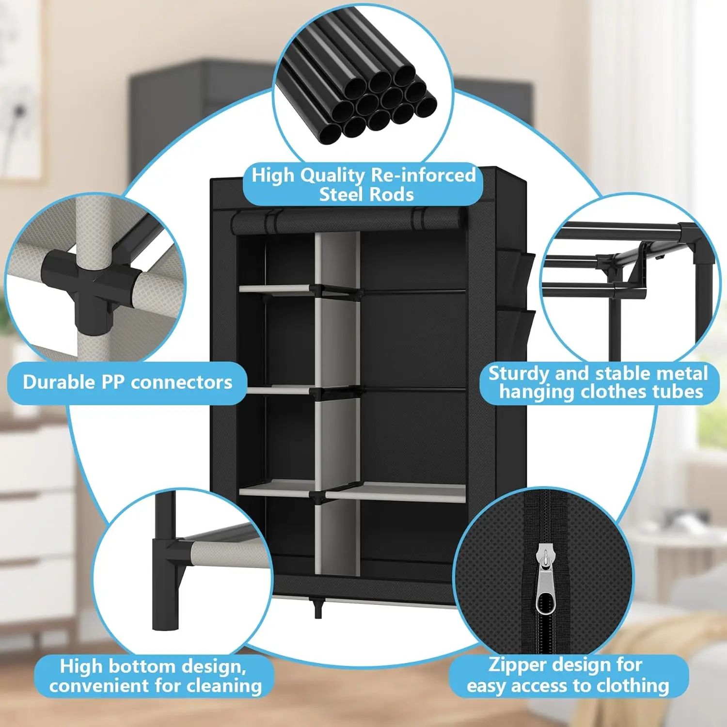 Wardrobe with 6 Shelves and Hanging Rod Storage Organizer NonWoven Fabric Cover with 4 Side Pockets includes 2 StorageBags Black image 5