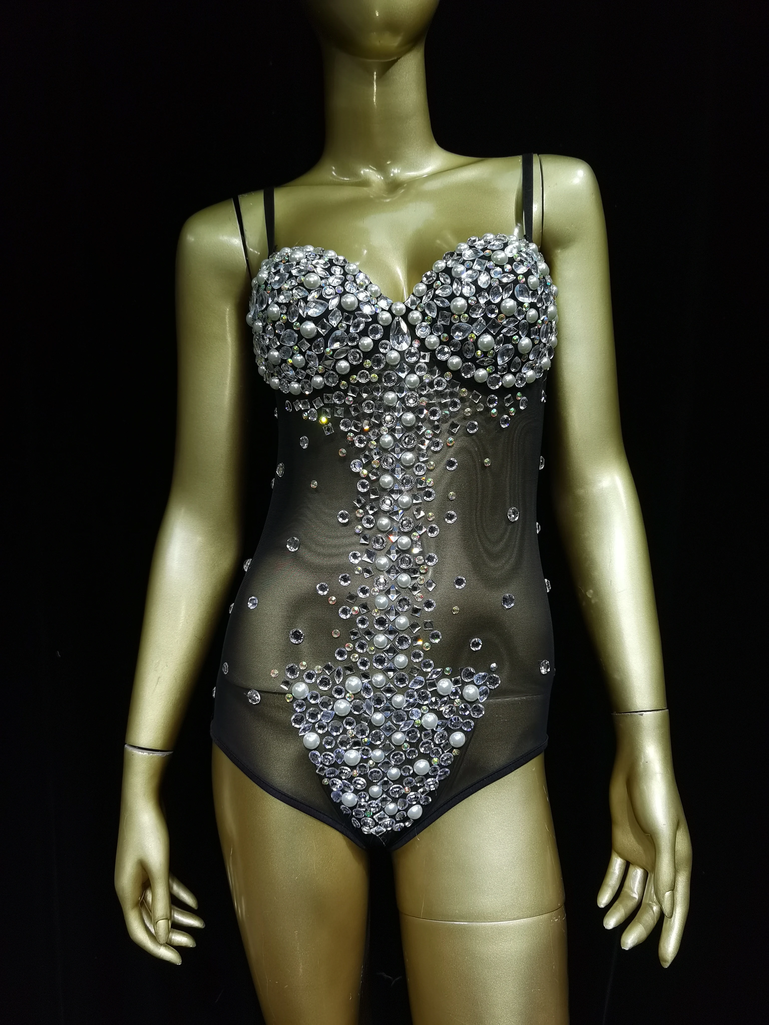 

Sexy V Neck Perspective Mesh StripedCrystals Bodysuit Women Singer StagePerformance Costume Luxurious GemstonesPearls Dress