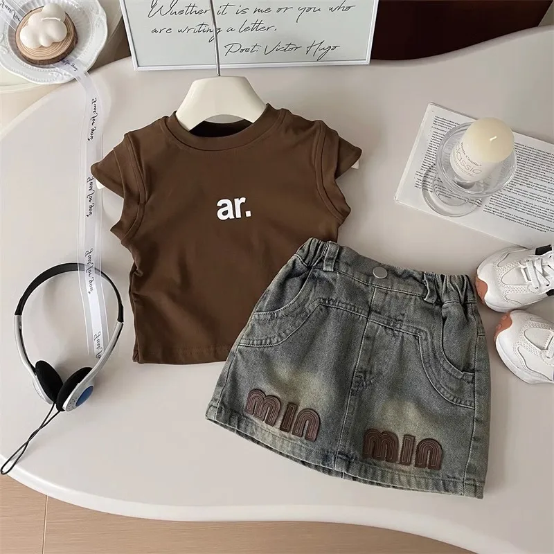 Girls Clothes Sets Summer 2024 Children Cotton T-shirts Denim Skirts 2pcs Dress Suit For Baby Casual Tracksuits Kids Outfits 6Y