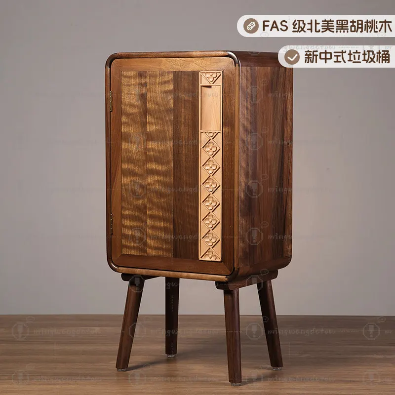 High-value Black Walnut Solid Wood Waste Bin, Luxury Chinese Style Household Trash Can for Living Room Bedroom Decor