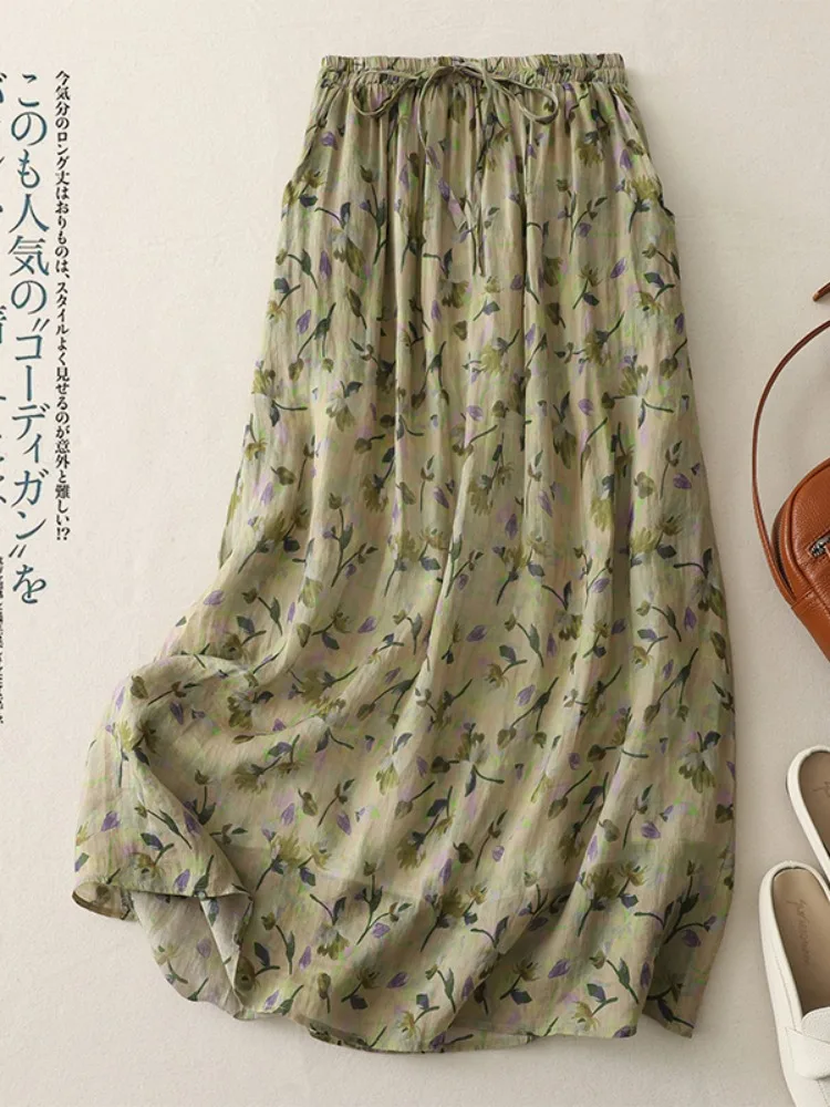 

Retro Floral Cotton Linen A-Line Skirt Women's Summer High Waist Slimming Print Midi Skirt Vintage Sle f-length Skirt