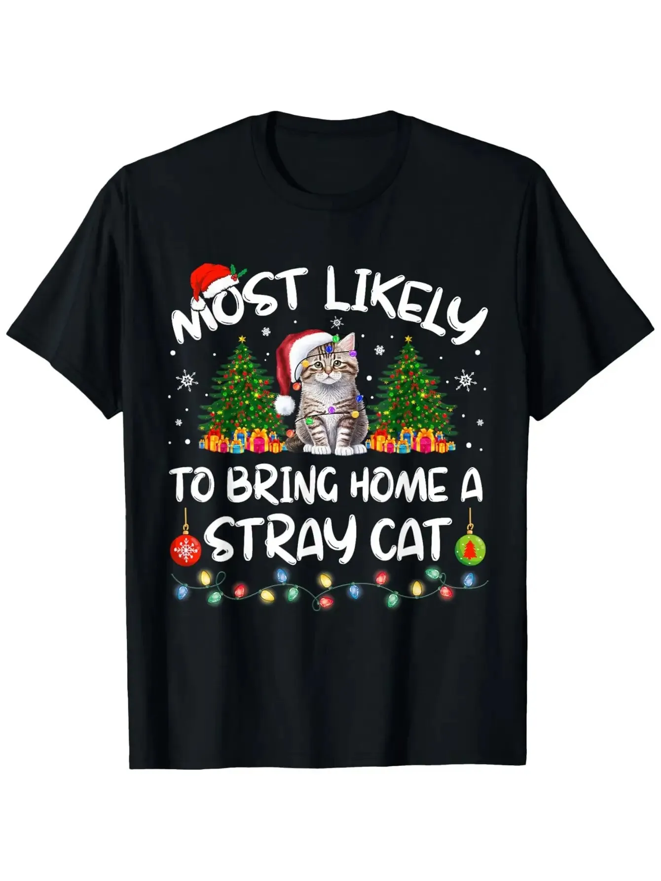 

Holiday-Themed T-Shirt for Men and Women - 100% Short-Sleeve Black Holiday Graphic T-Shirt with Christmas Hats, Cats, and Stray Cats Design ~ for Enthusiasts ~ for Everyday Wear