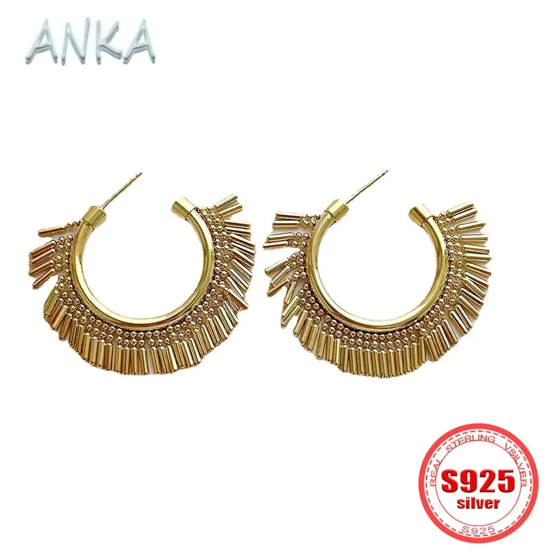 ANKA NEW S925 silver French vintage semi-round fringed earrings celebrity fashion versatile design high-end women's earrings