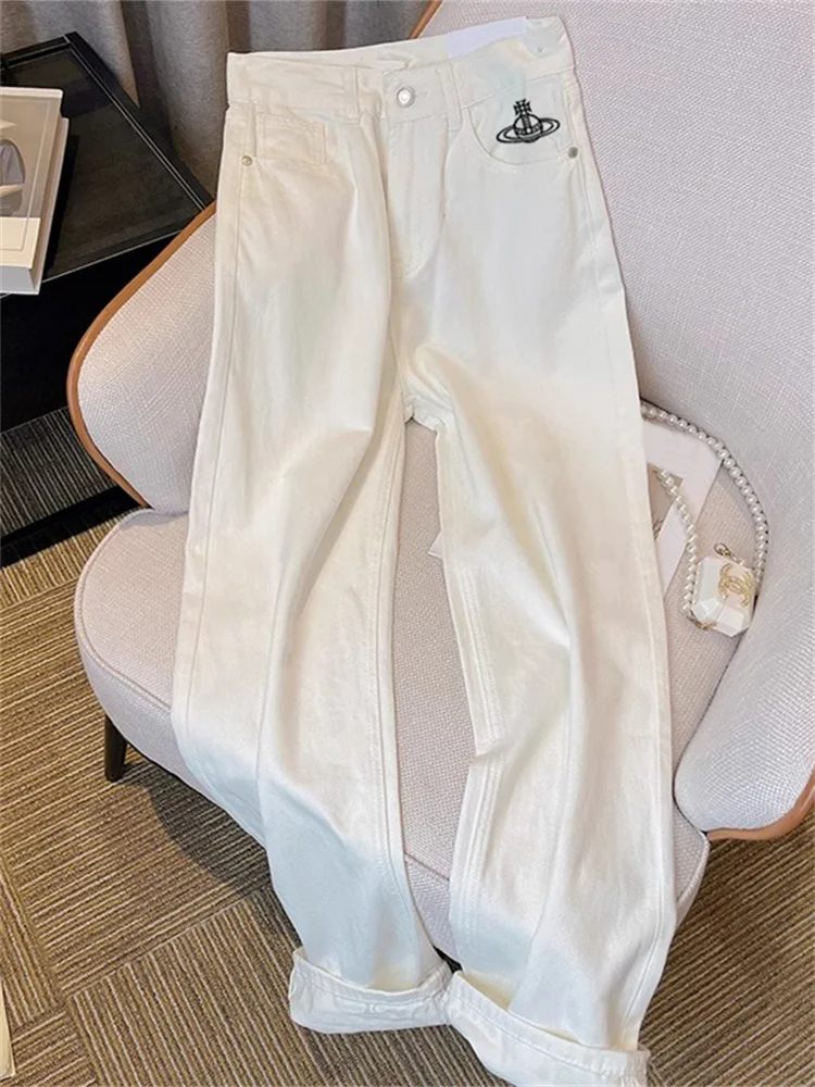 

High Waist Slim Fit Jeans Casual Loose Wide Leg Pants Women's Men's Summer Design Sense Korean Sle White Denim Jeans