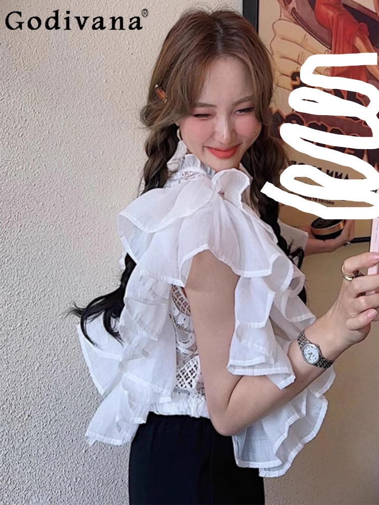 

Summer New Lace Splicing Ruffles Short Sleeve Loose Shirt Women Sexy Hollow Fashion Versatile Temperament Stand-up Collar Top