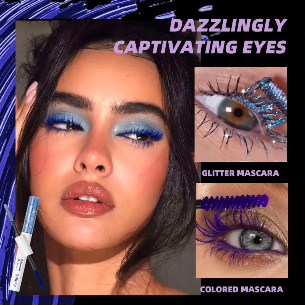 QIBEST Diamond Glitter Mascara Long Lasting Double Headed Colored Mascara Voluminous Pink Blue Red Waterproof Mascara Eyelashes
