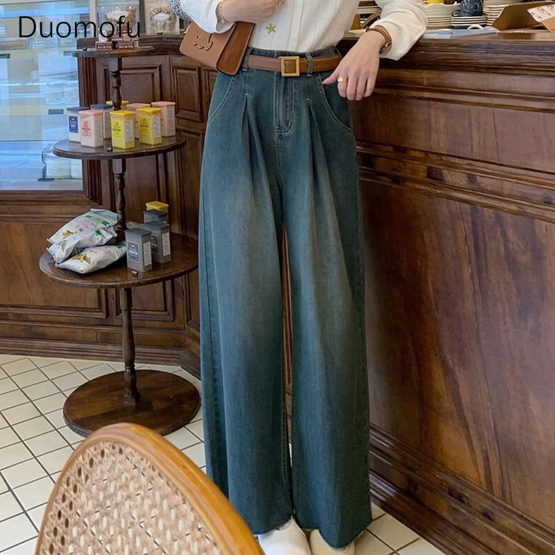 Duomofu-pantalones vaqueros rectos ajustados de cintura alta para mujer, Vaqueros clásicos de longitud completa, sueltos, simples, de moda, color azul