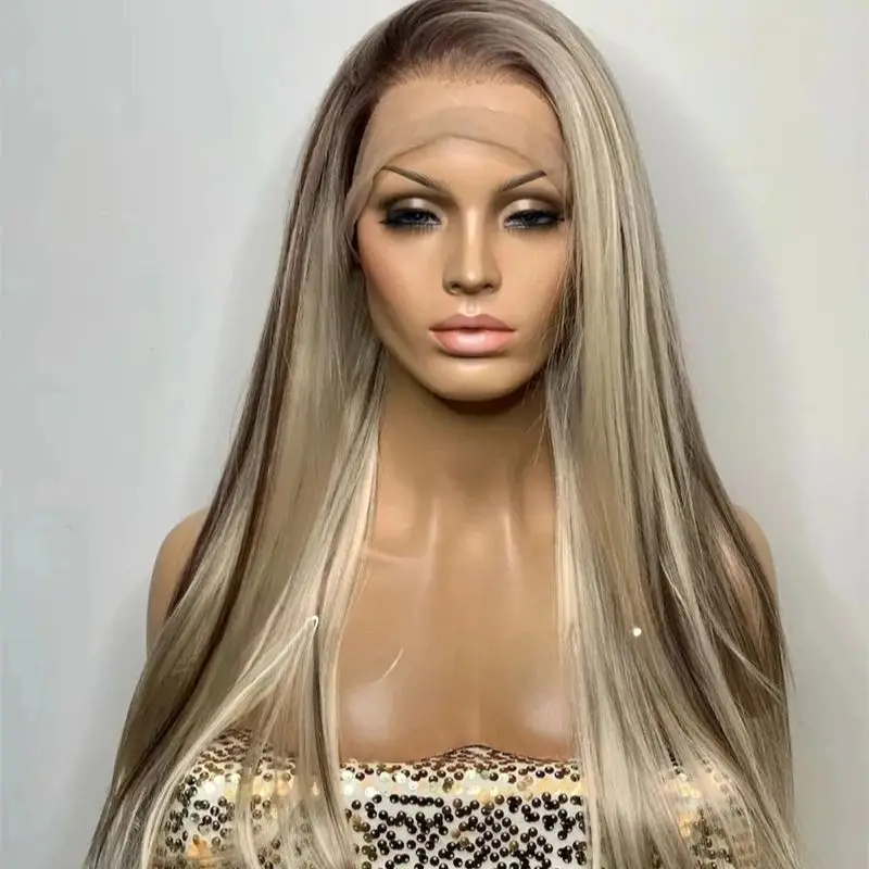 Ombre Ash Blonde Brown Lace Front Soft Barrel Synthetic Lace Front Wig HD Invisible Lace Front Wig 13x4 Free Part High Density