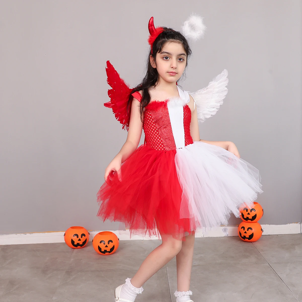 Devil and Angel Dual Costume for Girls Halloween Tutu Dress with Wing Headband Kids Naughty & Nice Carnival Party Cosplay Outfit