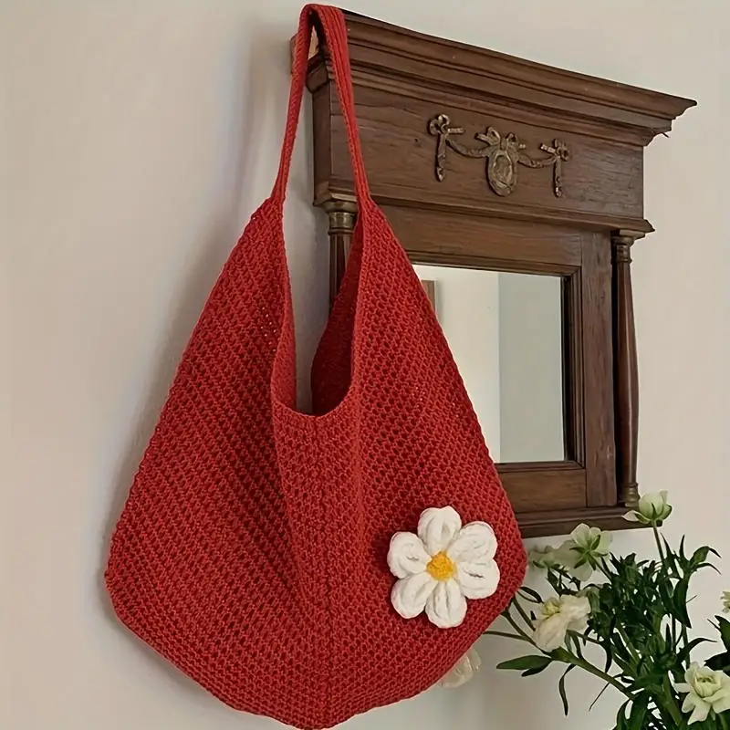 

Summer Handmade Woven Bag Women's Shoulder Bag Large Capacity Tote Bag Seaside Beach Vacation Cotton Thread Knitted Bag