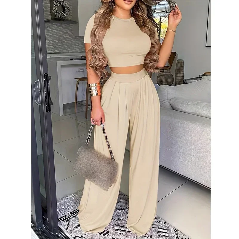 New European and American Fashion T-shirt Trend Casual Set 2023 New Fashion Solid Color T-shirt+Wide Leg Pants Set for Women