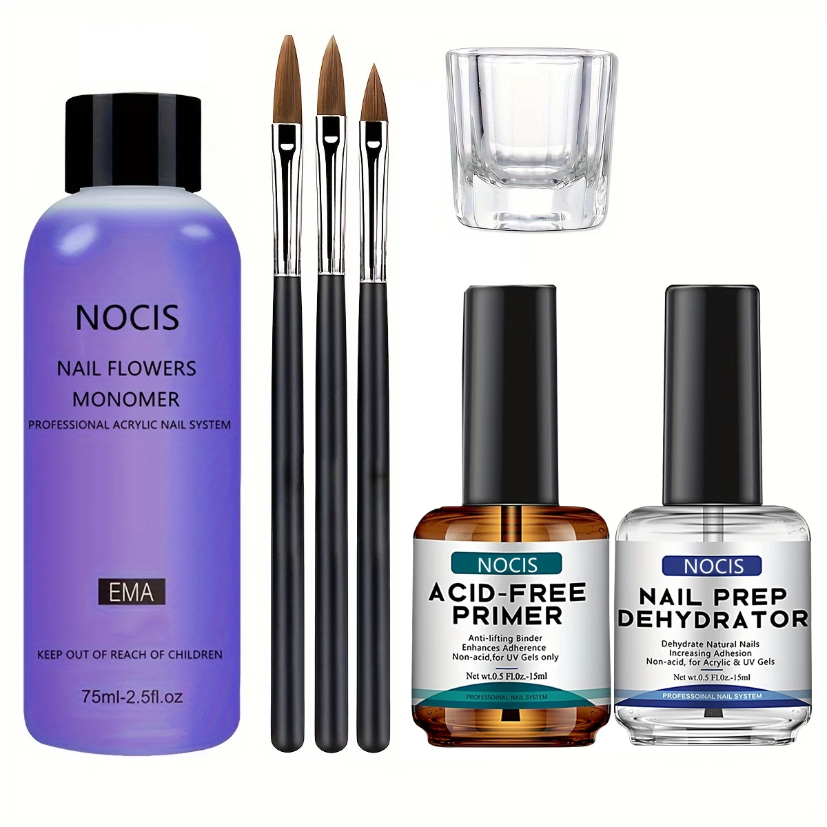 NOCIS MMA-Free Acrylic Nail Liquid Kit - Monomer Acrylic Liquid for Nail Extension with Nail Dehydrator and Primer